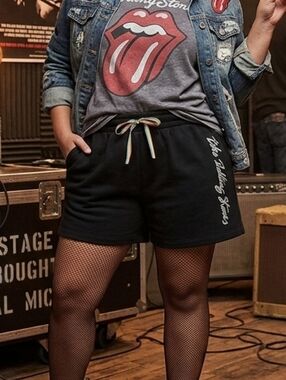 the Rolling Stones Black Athletic Shorts with Rainbow Drawstring